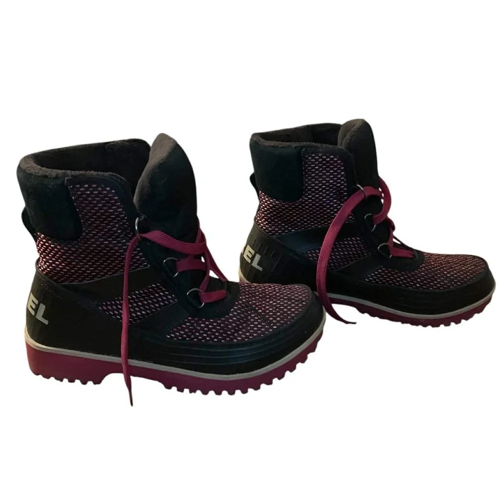Sorel Tivoli II Boots Women Black Pink Plaid Waterproof Apres Ski‎ Fleece M